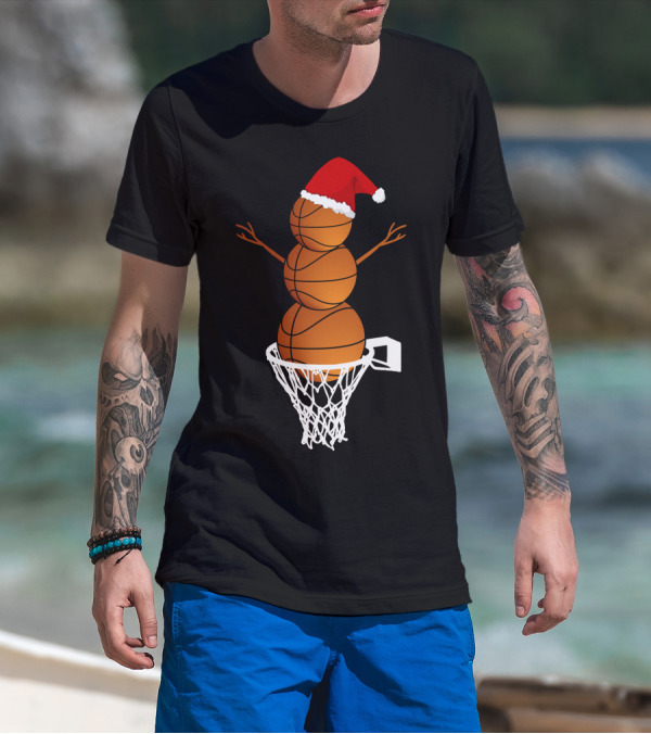 Basketball Snowman With Santa Hat In Hoop T-Shirt