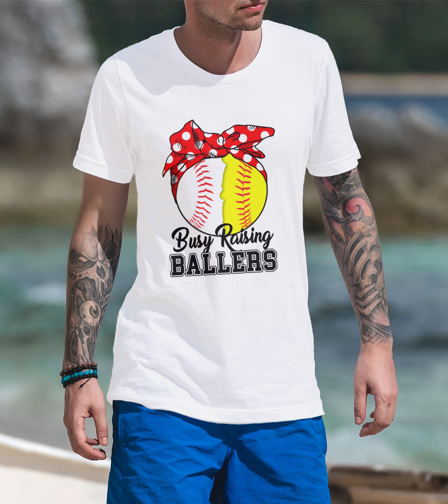 Busy Raising BALLERS Softball Baseball Polka Dot Bandana T-Shirt