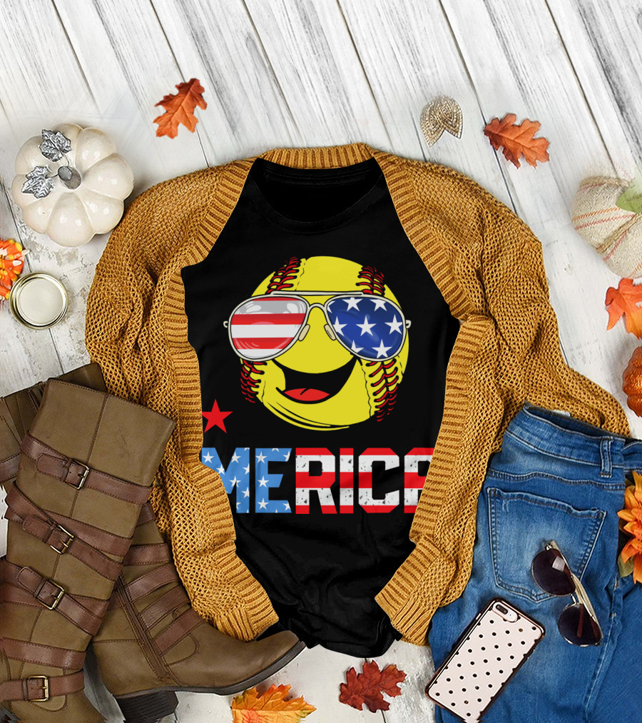 Softball MERICA Smiling Baseball with American Flag Sunglasses T-Shirt