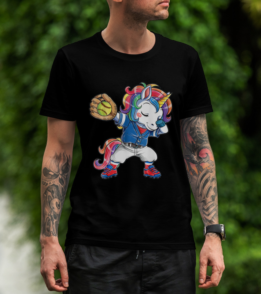 Unicorn Dabbing Rainbow Softball Player Catching Glove T-Shirt