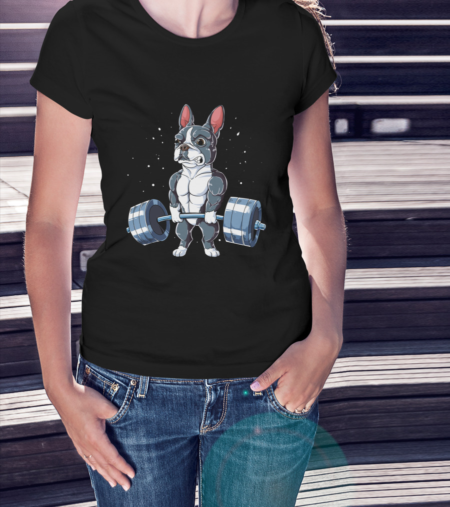 Weight Lifting Boston Terrier With Barbell T-Shirt