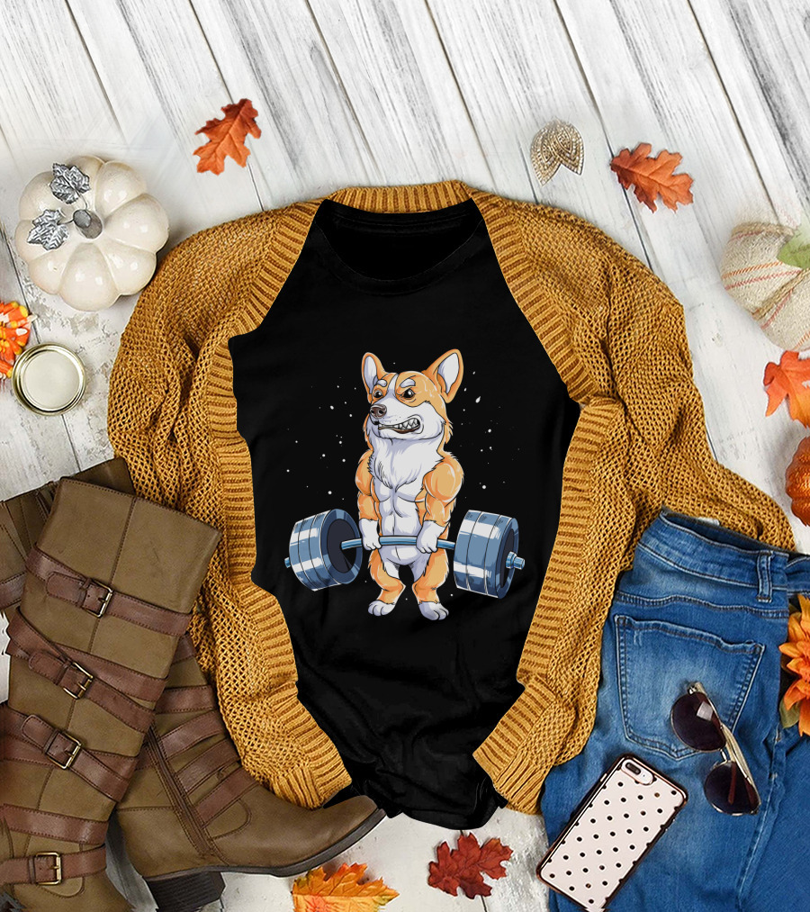 Weight Lifting Corgi Strong Muscular Pet Lifting Weights T-Shirt