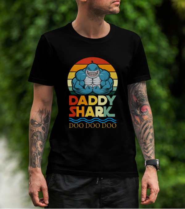 Daddy Shark Doo Doo Doo Retro Weight Lifting Shark T-Shirt