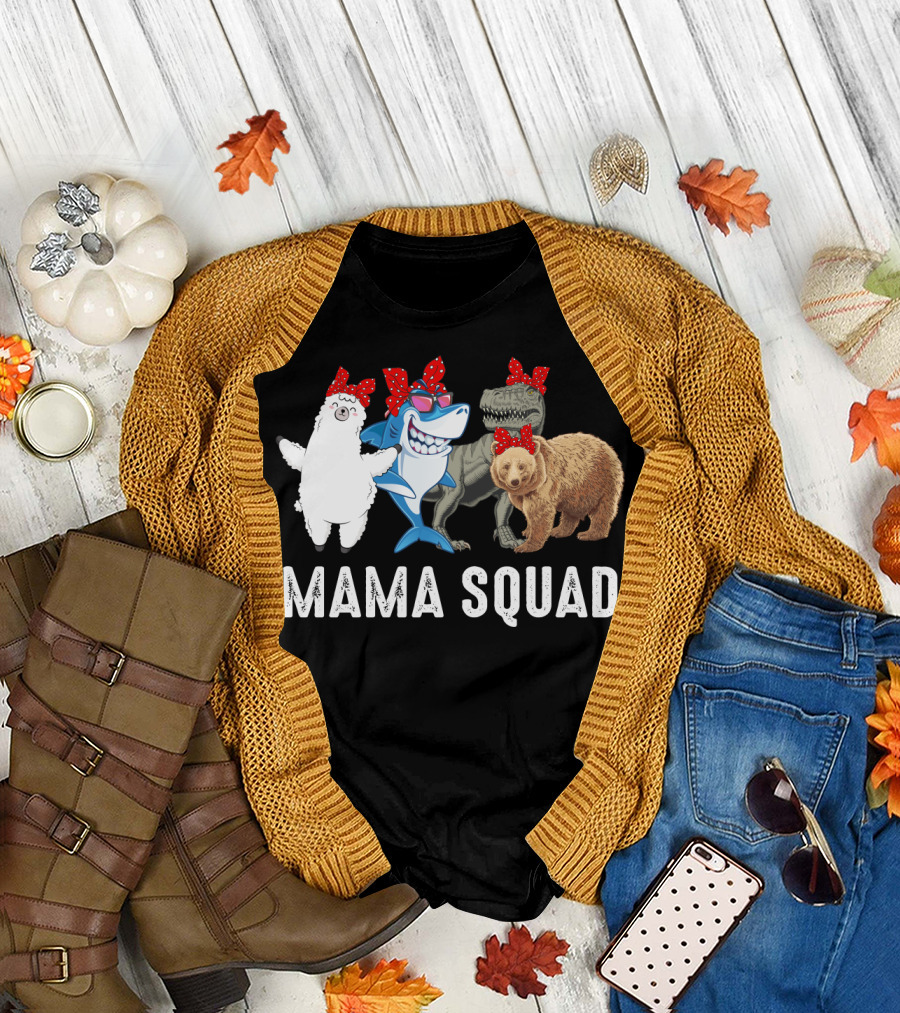 Mama Squad Llama Shark T-Rex Bear Red Bandana T-Shirt