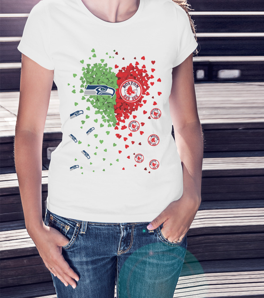 Seahawks And Boston Red Sox Heart Design With Logos And Symbols T-Shirt