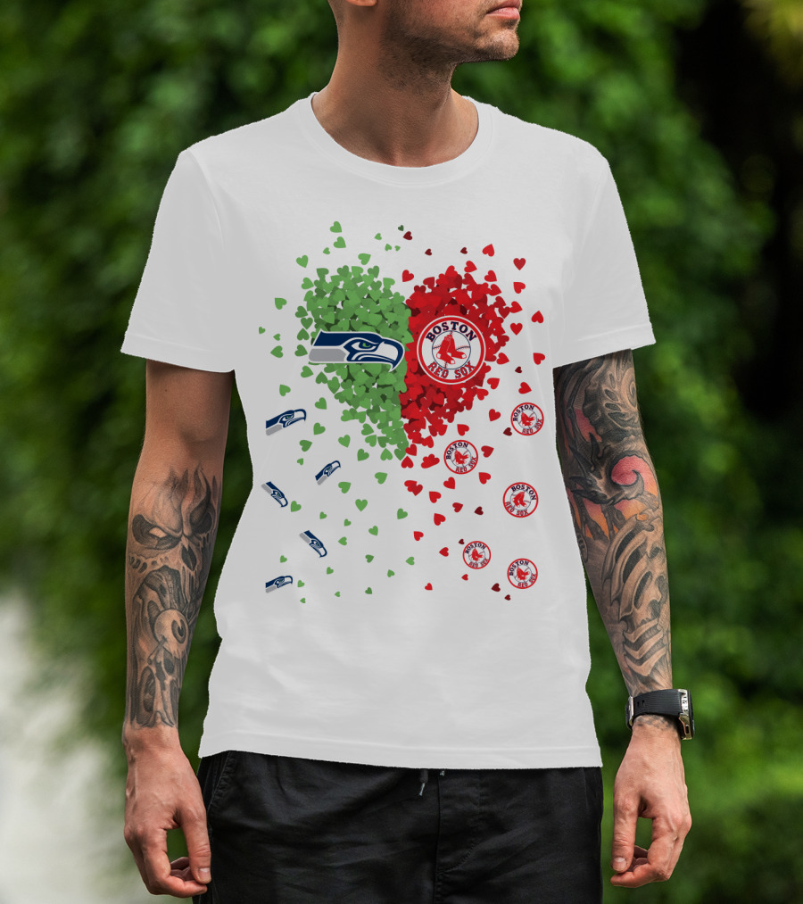 Seahawks And Boston Red Sox Heart Design With Logos And Symbols T-Shirt