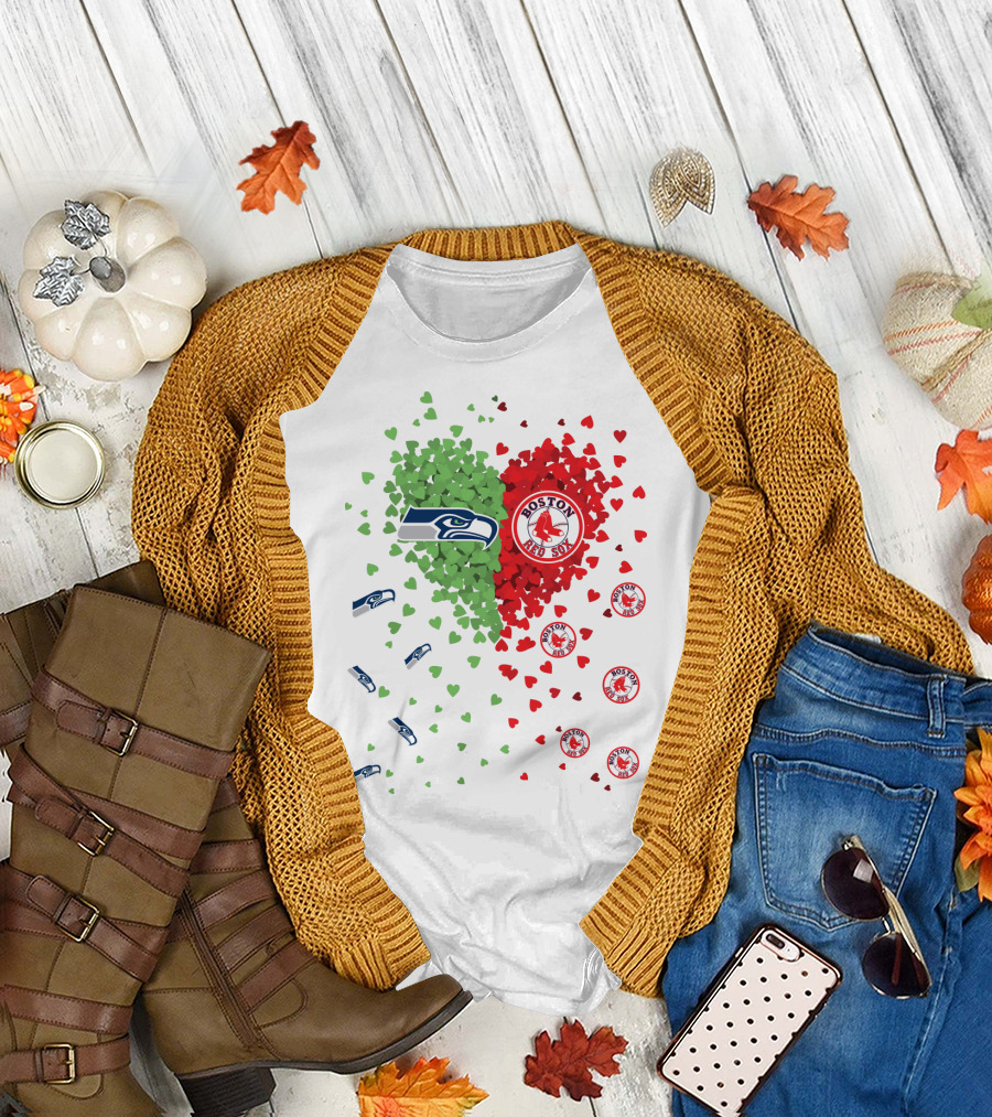 Seahawks and Boston Red Sox Heart Design with Logos and Symbols T-Shirt