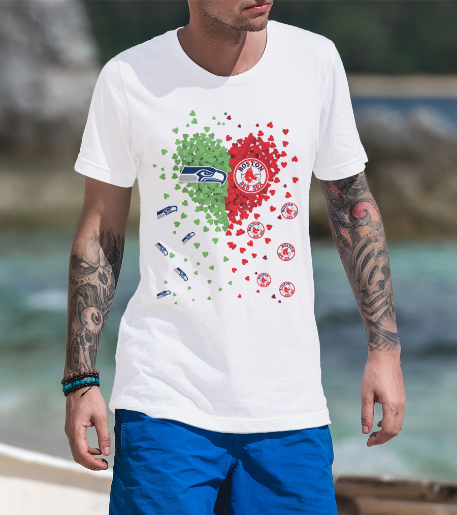 Seahawks And Boston Red Sox Heart Design With Logos And Symbols T-Shirt