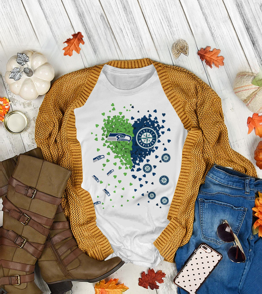 Seahawks Mariners Heart Design with Logos and Hearts T-Shirt