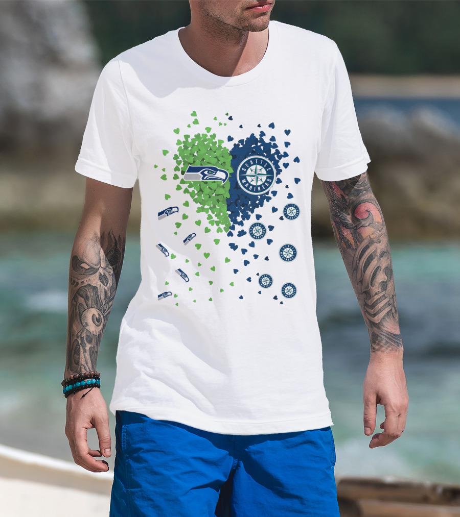 Seahawks Mariners Heart Design With Logos And Hearts T-Shirt