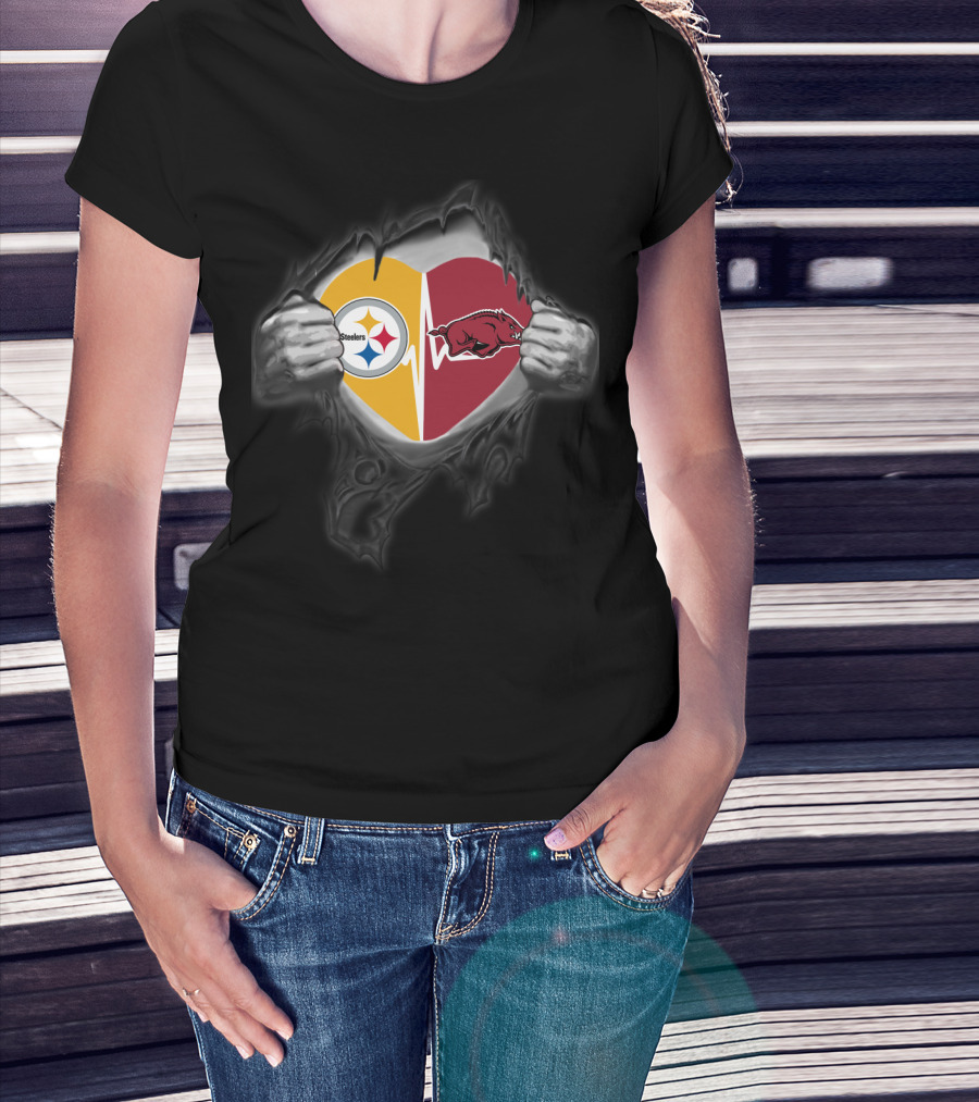 Pittsburgh Steelers Arkansas Razorbacks Heart Logo Fan Crossover T-Shirt