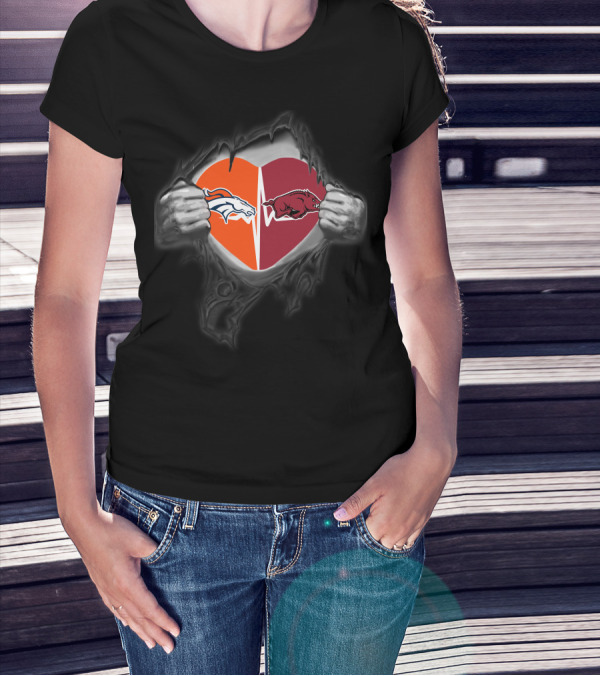 Denver Broncos Arkansas Razorbacks Heart Logo Fusion T-Shirt