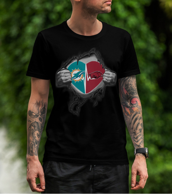 Miami Dolphins Arkansas Razorbacks Heart Ripped T-Shirt