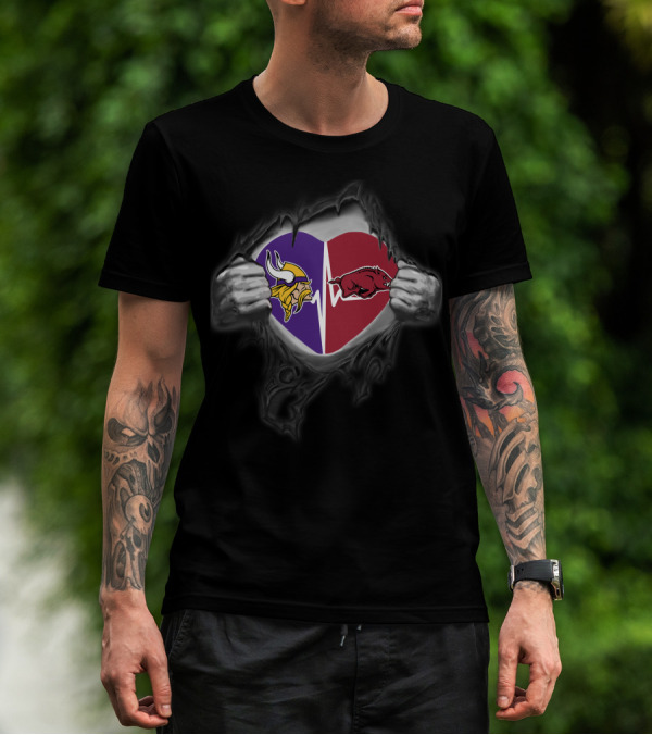 Minnesota Vikings Arkansas Razorbacks Heart Rip Logo Fusion T-Shirt