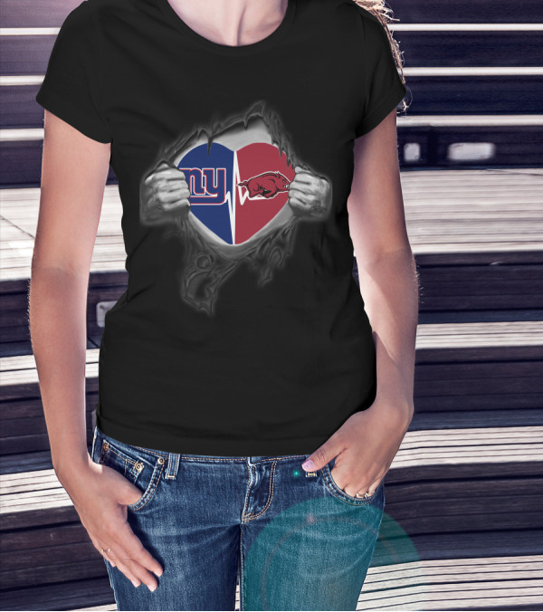 New York Giants Arkansas Razorbacks Heartbeat Fan Logo Fusion T-Shirt