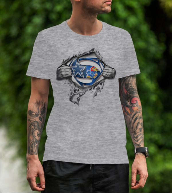 Cowboys Kansas Jayhawks Superman Logo Fusion T-Shirt