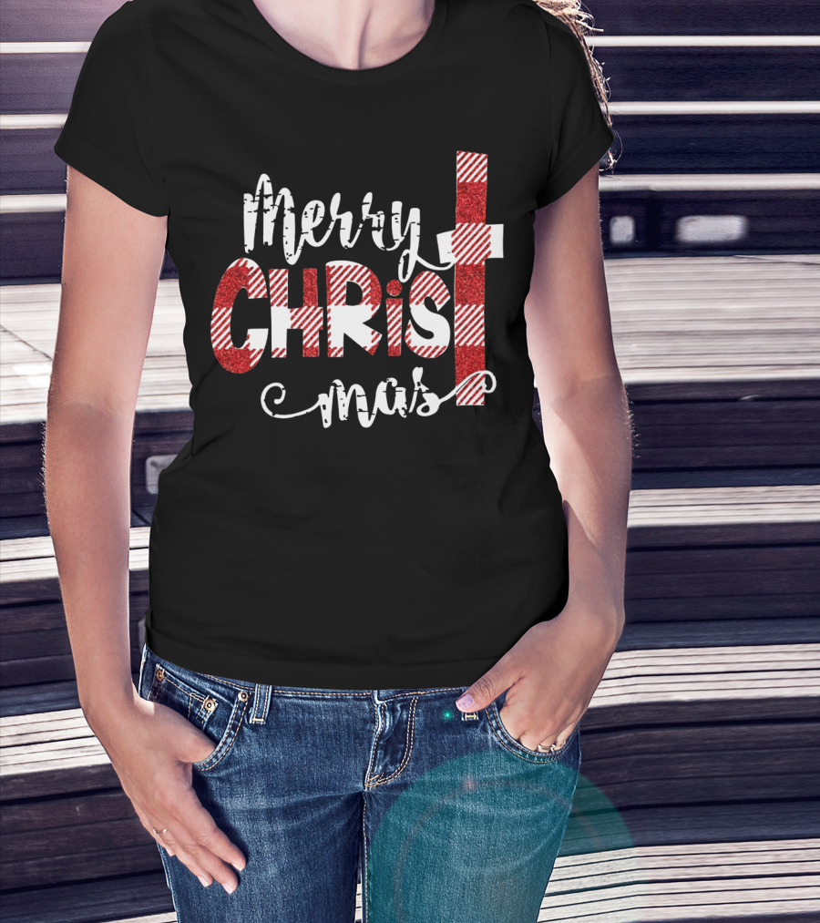 Merry Christ Mas Striped Cross Red Glitter T-Shirt