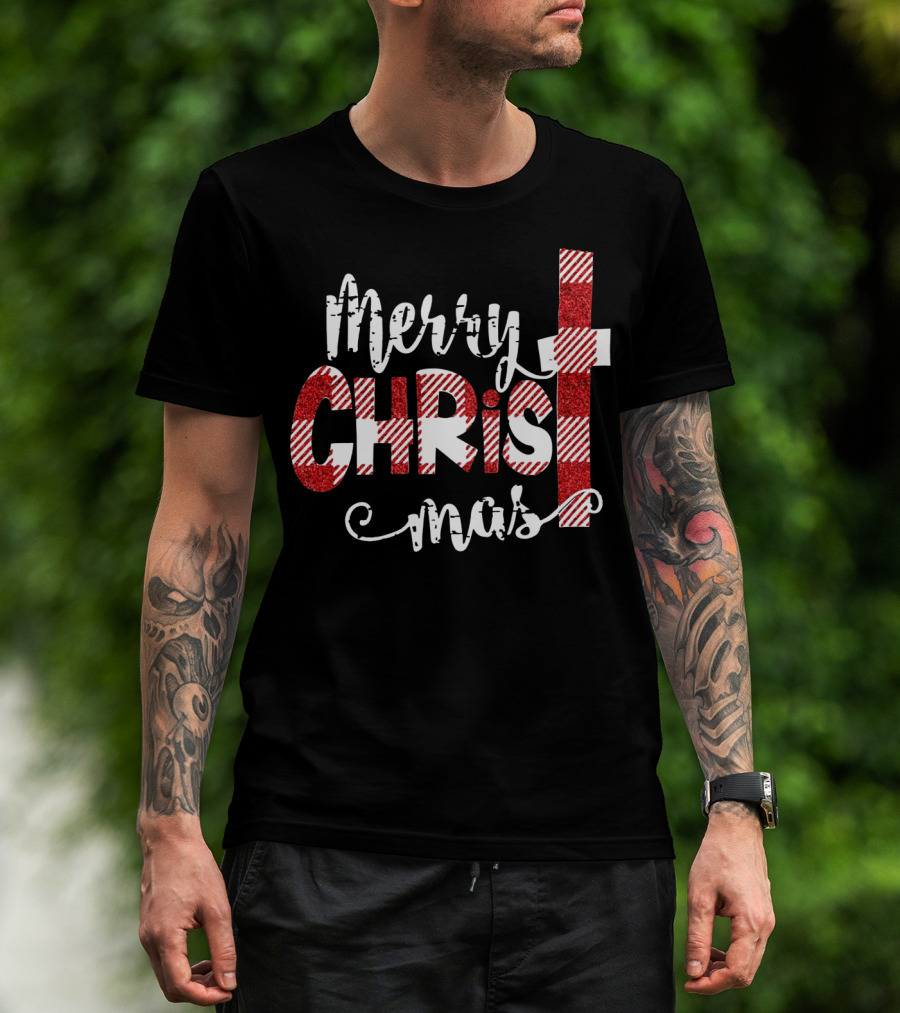 Merry Christ Mas Striped Cross Red Glitter T-Shirt