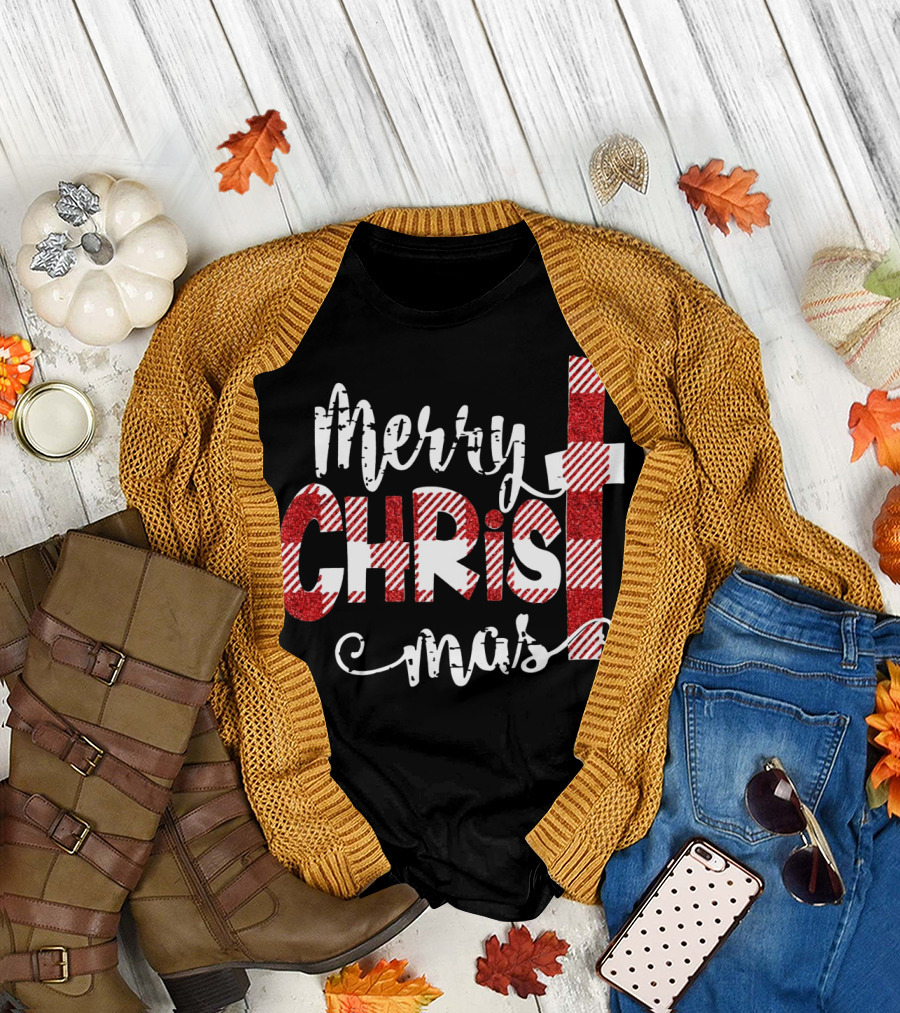 Merry Christ Mas Striped Cross Red Glitter T-Shirt