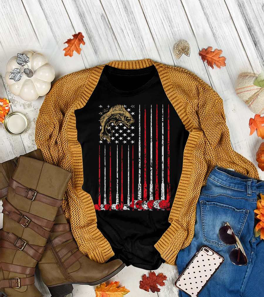 American Flag Fishing Bass with Independence Day T-Shirt
