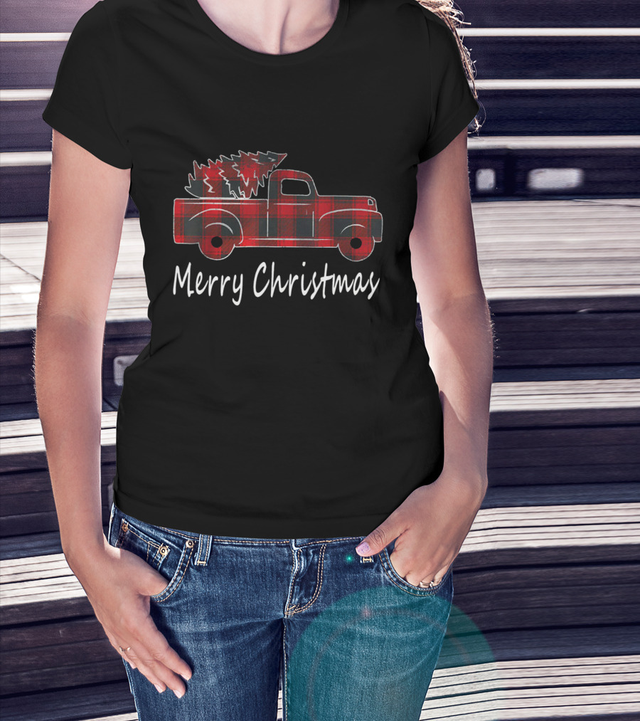 Buffalo Plaid Merry Christmas Red Truck And Tree T-Shirt