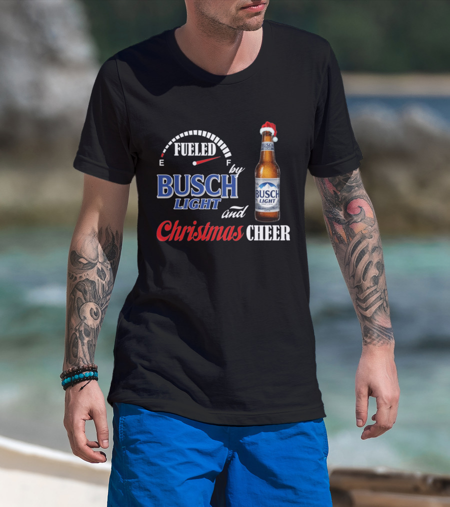 Fueled By Busch Light Christmas Cheer Beer Bottle Santa Hat T-Shirt
