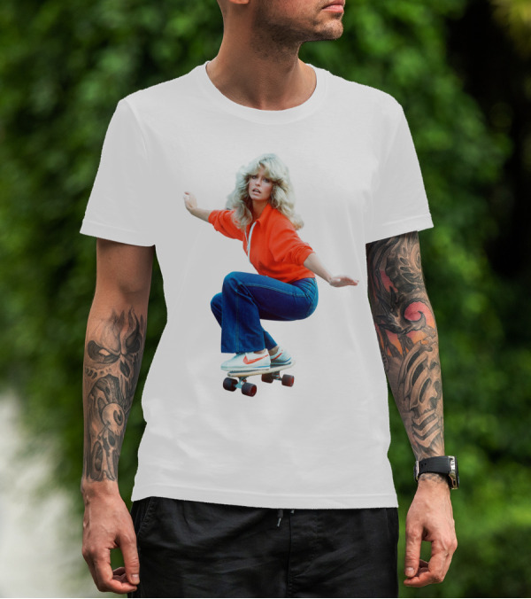 Farrah Fawcett Iconic Skateboarding Pose In Red Sweater And Sneakers T-Shirt