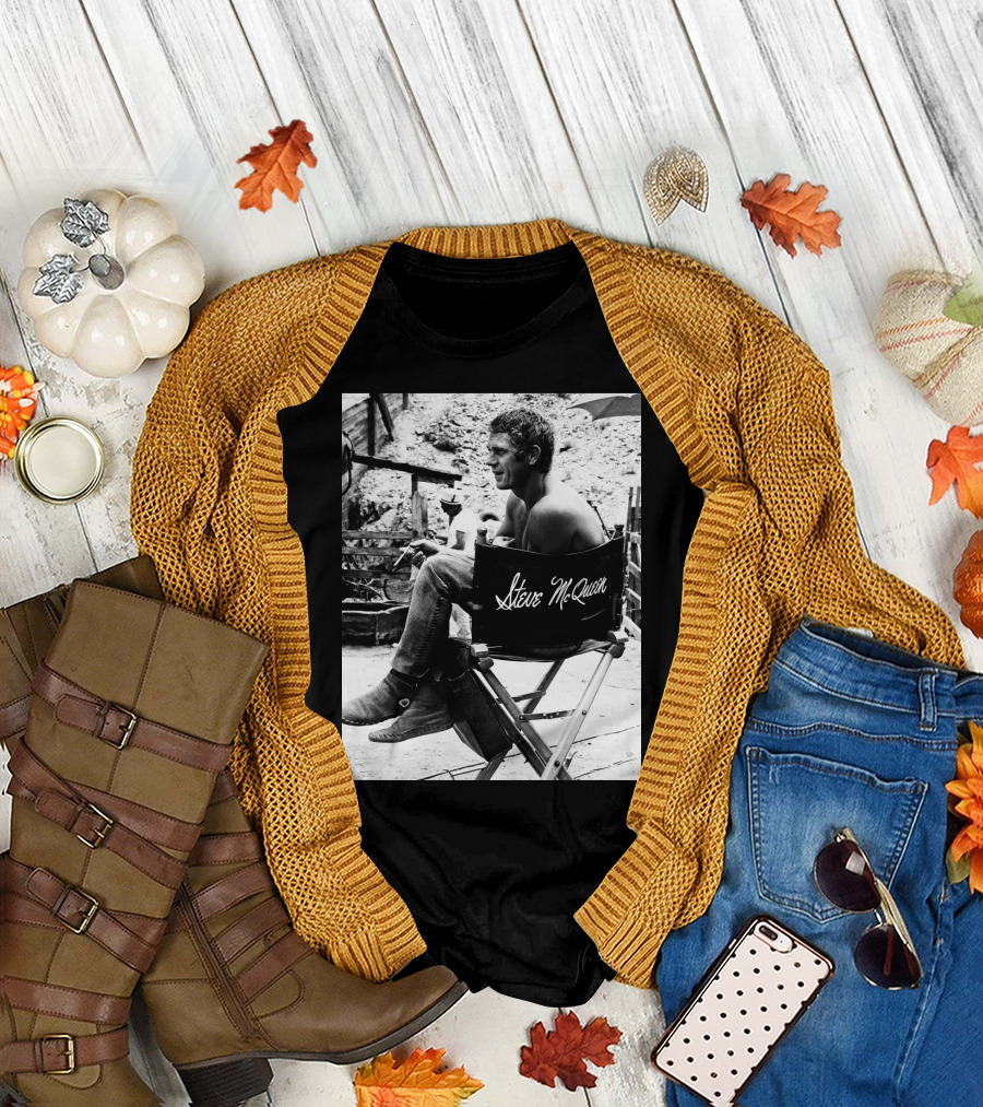 Steve McQueen Black and White Director's Chair Scene T-Shirt