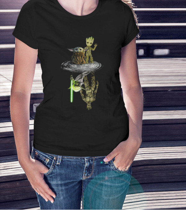 Baby Yoda And Baby Groot Reflection Master Yoda And Groot Lightsaber T-Shirt