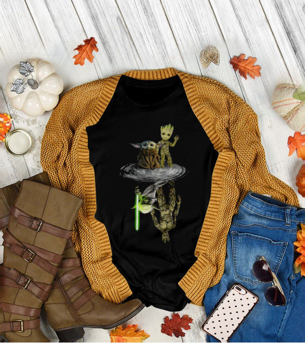 Baby Yoda And Baby Groot Reflection Master Yoda And Groot Lightsaber T-Shirt