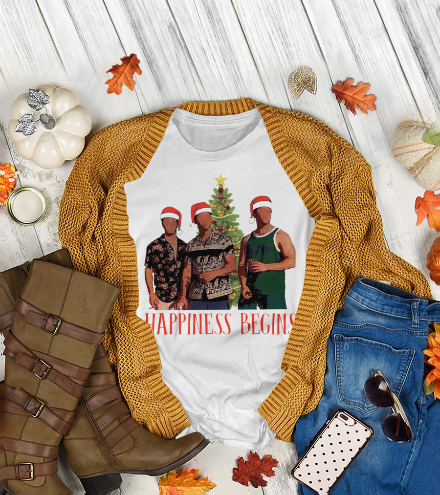 Happiness Begins Santa Trio with Christmas Tree T-Shirt