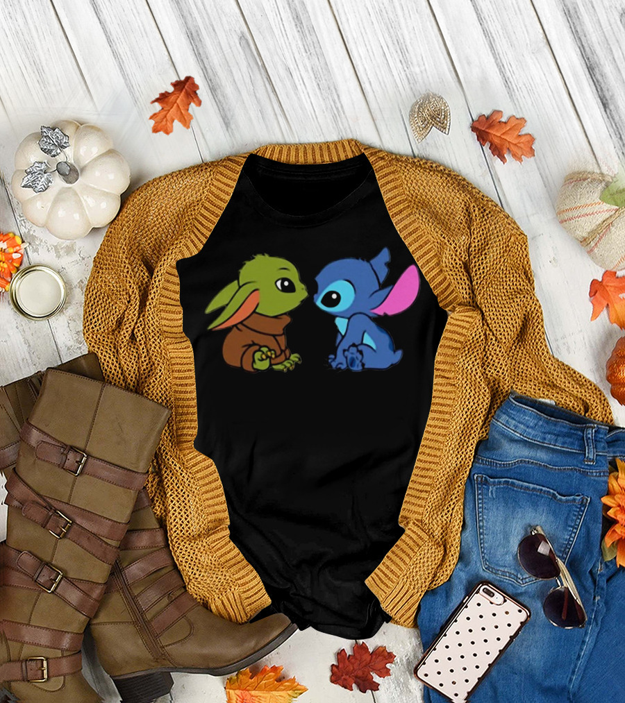 Baby Yoda And Baby Stitch Cute Characters Crossover T-Shirt