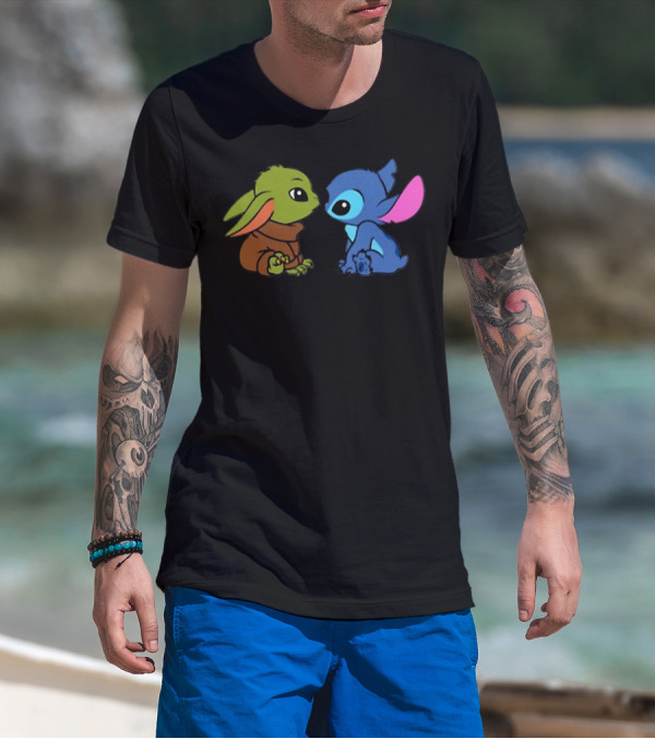 Baby Yoda And Baby Stitch Cute Characters Crossover T-Shirt