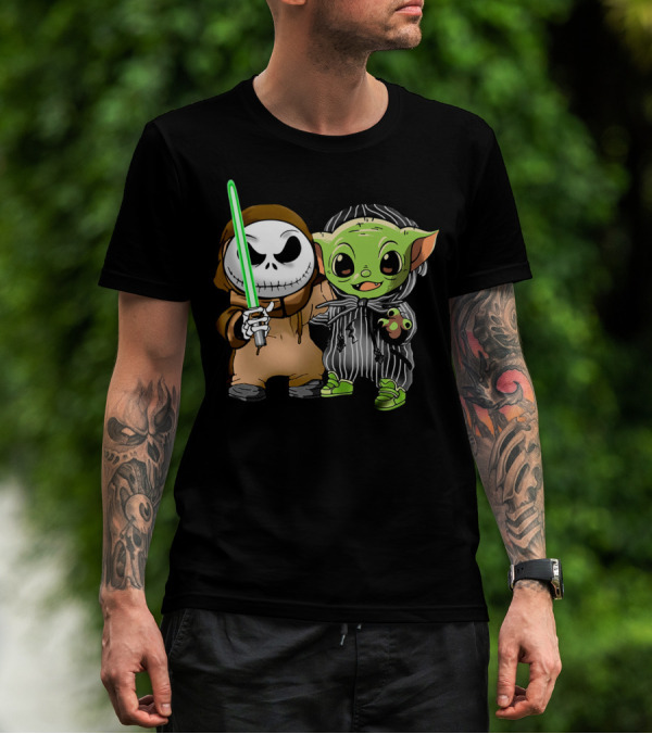 Jack Skellington In Jedi Robe And Baby Yoda In Striped Suit With Lightsaber T-Shirt