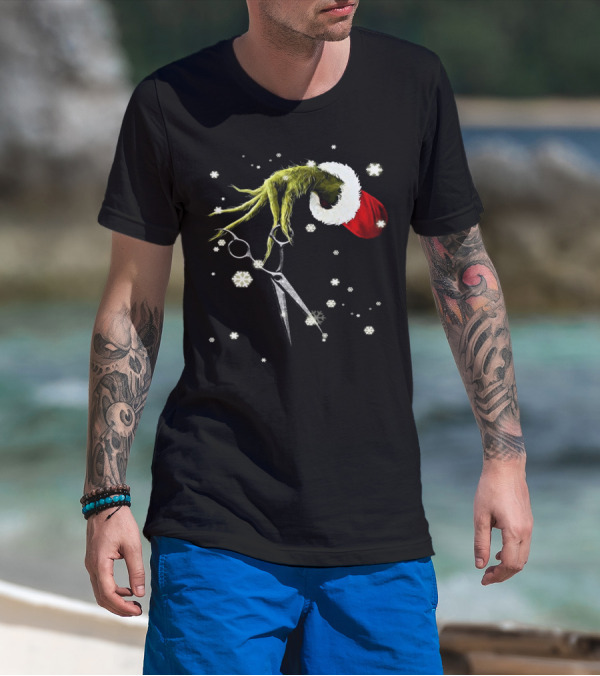 Grinch Hand Holding Scissors Santa Hat Snowflakes T-Shirt
