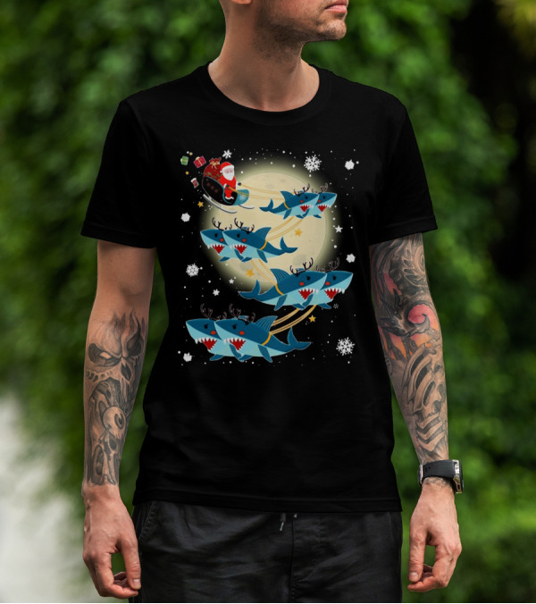 Santa Claus Riding Shark Reindeer Full Moon Snowflakes T-Shirt