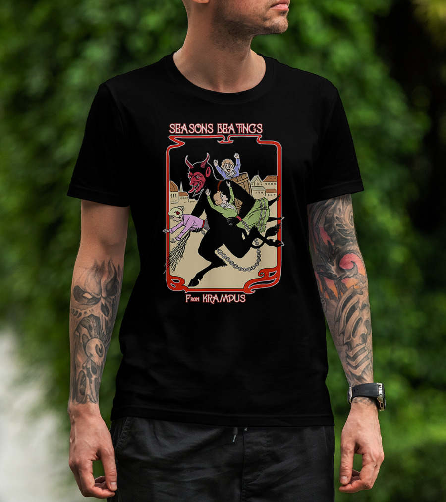 Seasons Beatings From Krampus With Festive Cityscape And Naughty Children T-Shirt