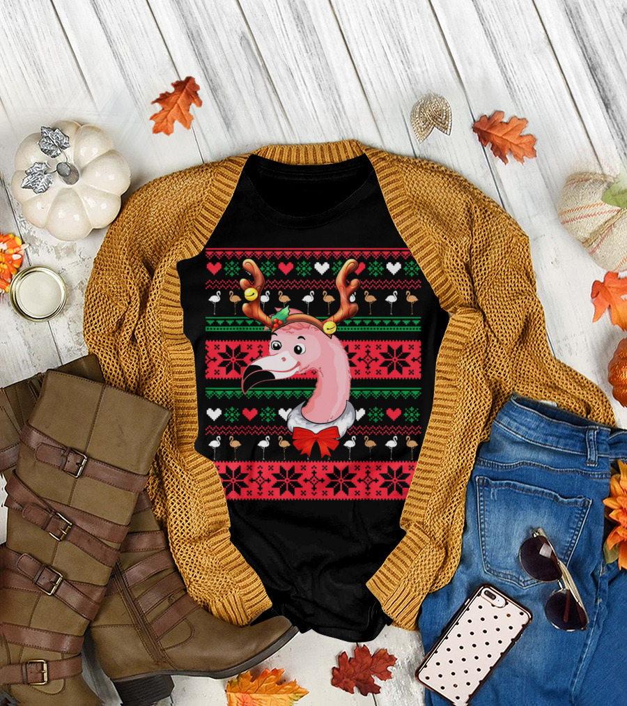 Santa Flamingo Reindeer Ugly Christmas T-Shirt