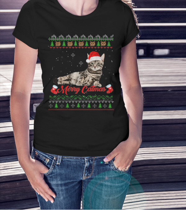 Merry Catmas Christmas Cat Santa Hat Festive Design With Christmas Trees And Stockings T-Shirt