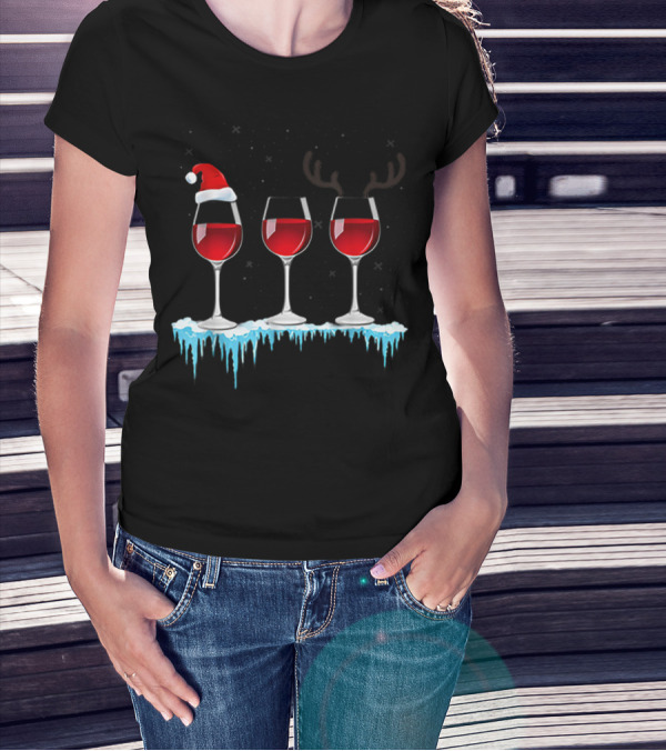 Red Wine Three Glasses Santa Hat Antlers Snow Holiday T-Shirt