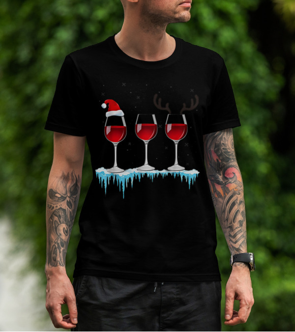 Red Wine Three Glasses Santa Hat Antlers Snow Holiday T-Shirt