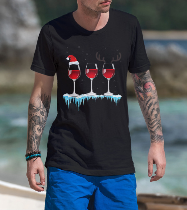 Red Wine Three Glasses Santa Hat Antlers Snow Holiday T-Shirt
