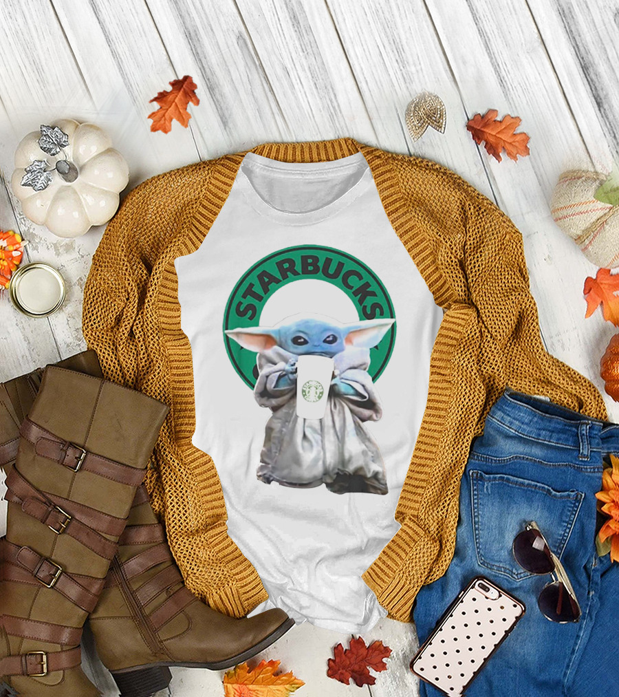 Star Wars Baby Yoda Holding Starbucks Coffee Cup T-Shirt