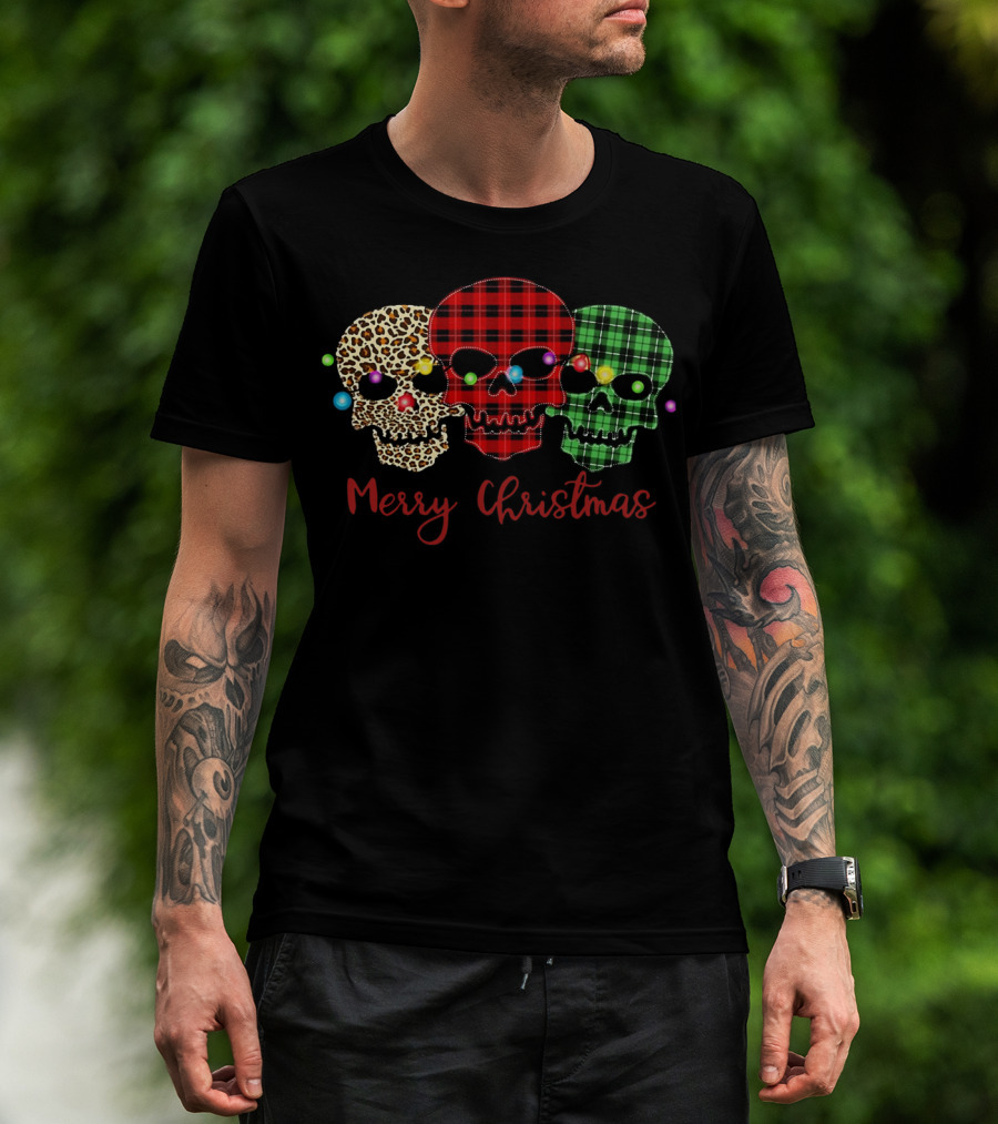 Merry Christmas Skulls Leopard Red Green Plaid Printed T-Shirt