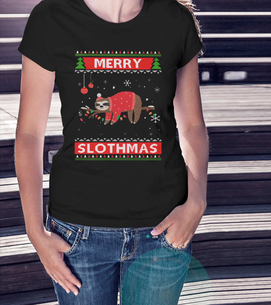 Merry Slothmas Christmas Sloth In Festive Sweater With Trees And Snowflakes T-Shirt