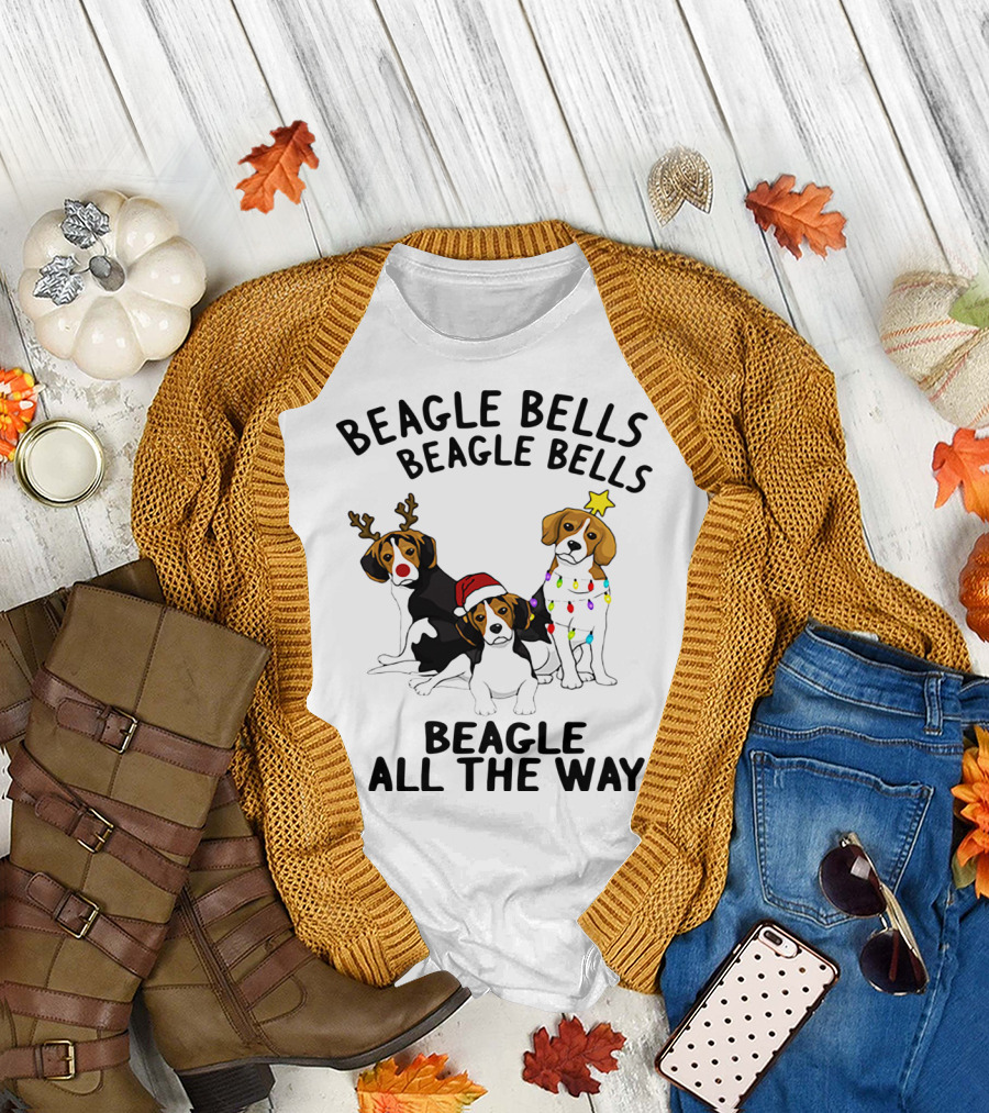 Beagle Bells Beagle All The Way Christmas Theme with Santa Hat and Reindeer Antlers T-Shirt