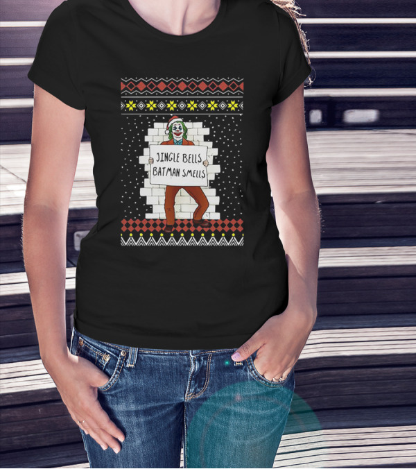 Jingle Bells Batman Smells Joker In Santa Hat Ugly Christmas T-Shirt