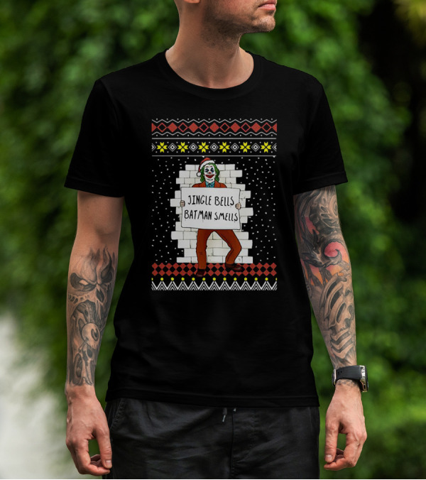 Jingle Bells Batman Smells Joker In Santa Hat Ugly Christmas T-Shirt