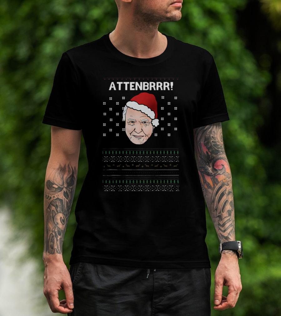 David Attenborough Attenbrrr Christmas Sweater Style Santa Hat Snowflakes T-Shirt