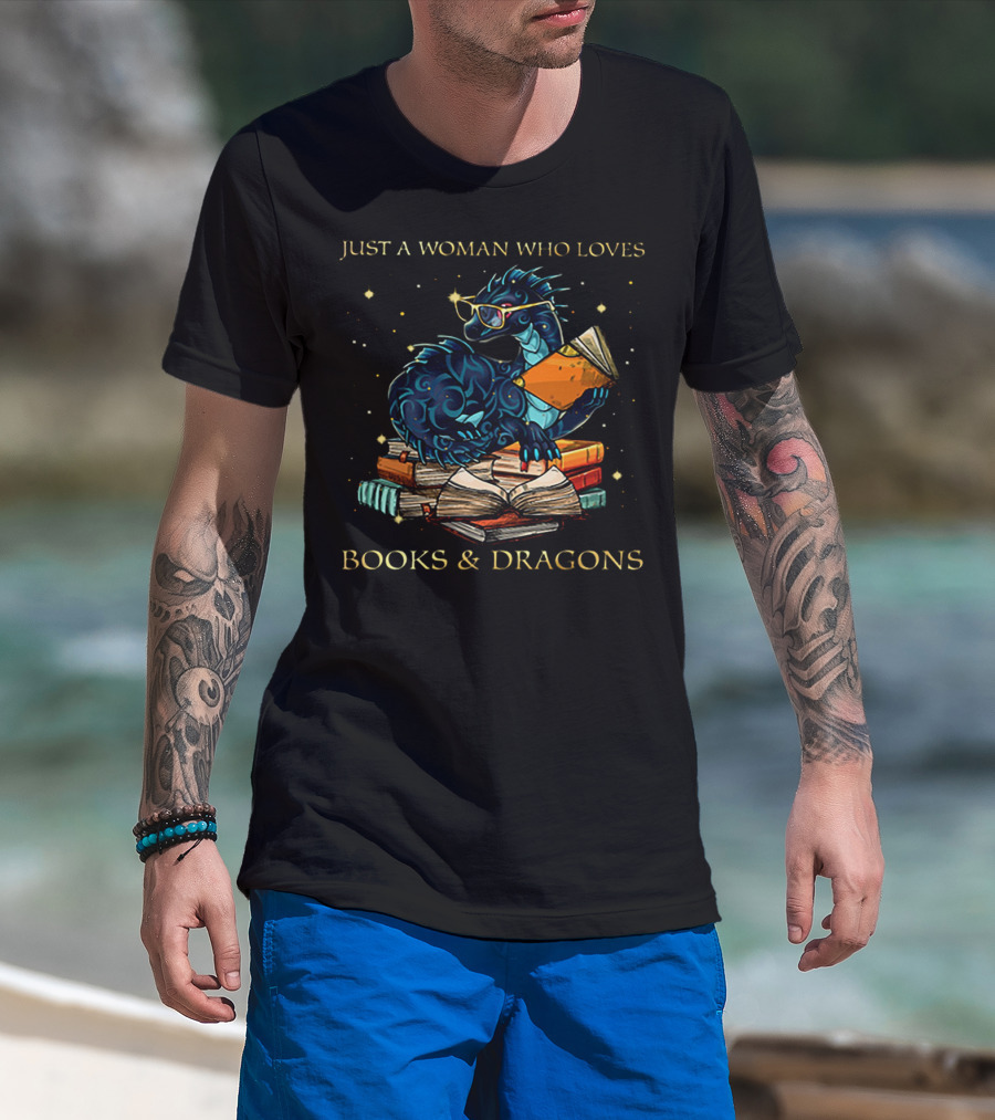 Just A Woman Who Loves Books And Dragons Wearing Glasses Blue Dragon With Book Stack T-Shirt